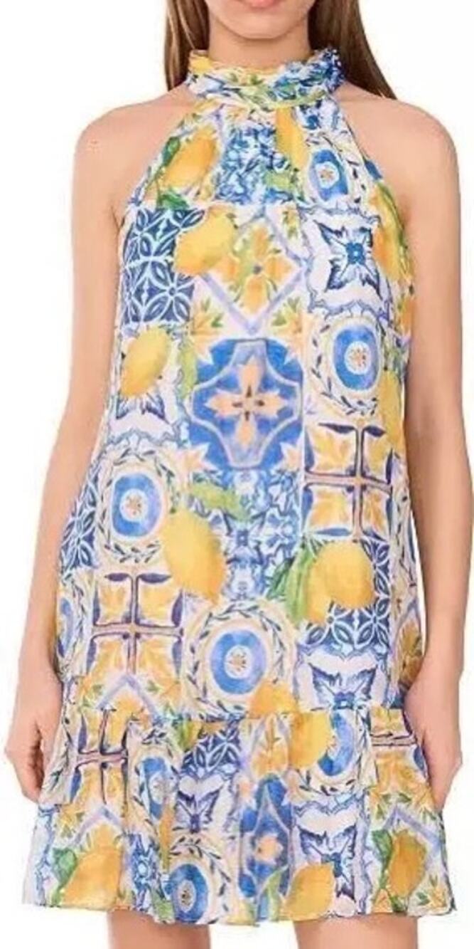 1.STATE Lemon Yellow Blue Print Halter Lined Dress Women’s Small Summer Preppy